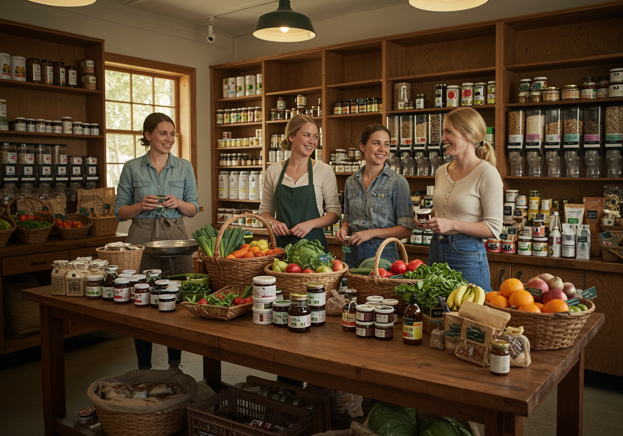 "Cuatro mujeres colaborando en un mercado cooperativo, rodeadas de productos frescos y ecológicos, simbolizando empoderamiento y comunidad."